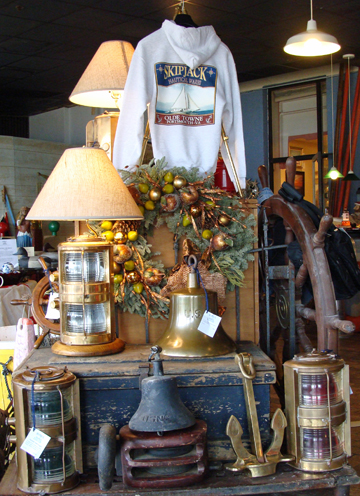 Skipjacks front showroom with nautical antiques, ship lights, nautical lamps, ships bells, and other nautical accessories